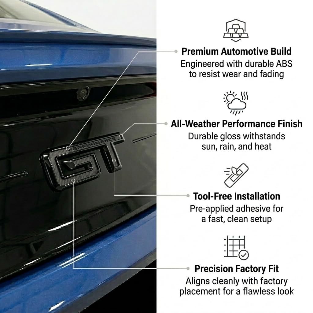 Generic GT badge installed on Mustang rear decklid demonstrating blackout benefit