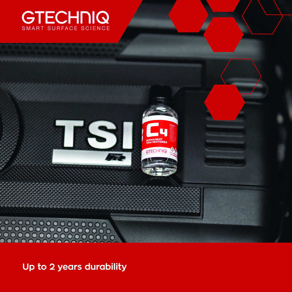 Car with refreshed trim after Gtechniq C4 treatment, showing long-lasting protection