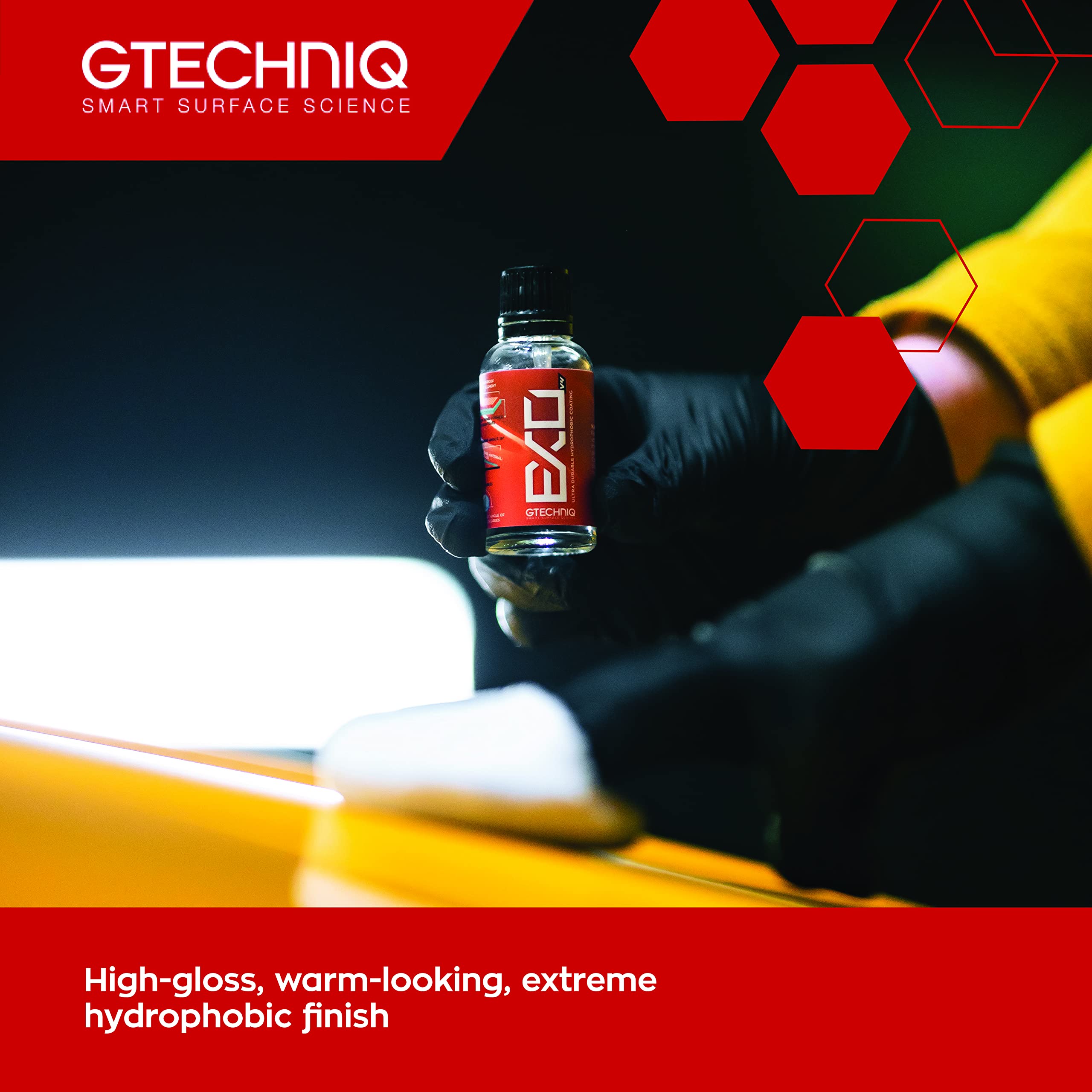 Gtechniq EXOv5 applied to a car panel demonstrating strong water beading and gloss