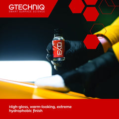 Gtechniq EXOv5 applied to a car panel demonstrating strong water beading and gloss