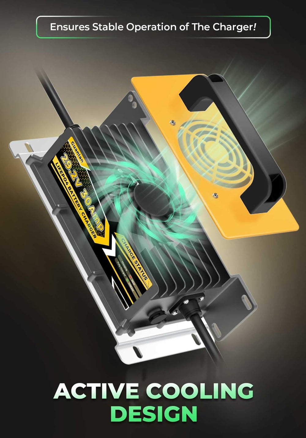 Guanlan cooling fan and vortex vents close-up showing active heat dissipation for long runtime