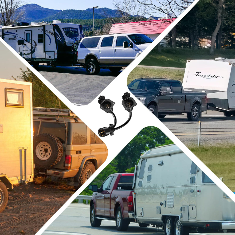 Gubrdfrsod connected to truck with two trailers, illustrates dual-tow capability and neat routing