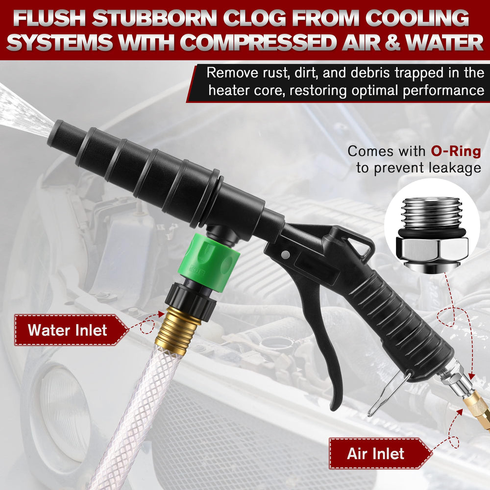 Gulfmew flush gun attached to heater core hose demonstrating effective debris removal