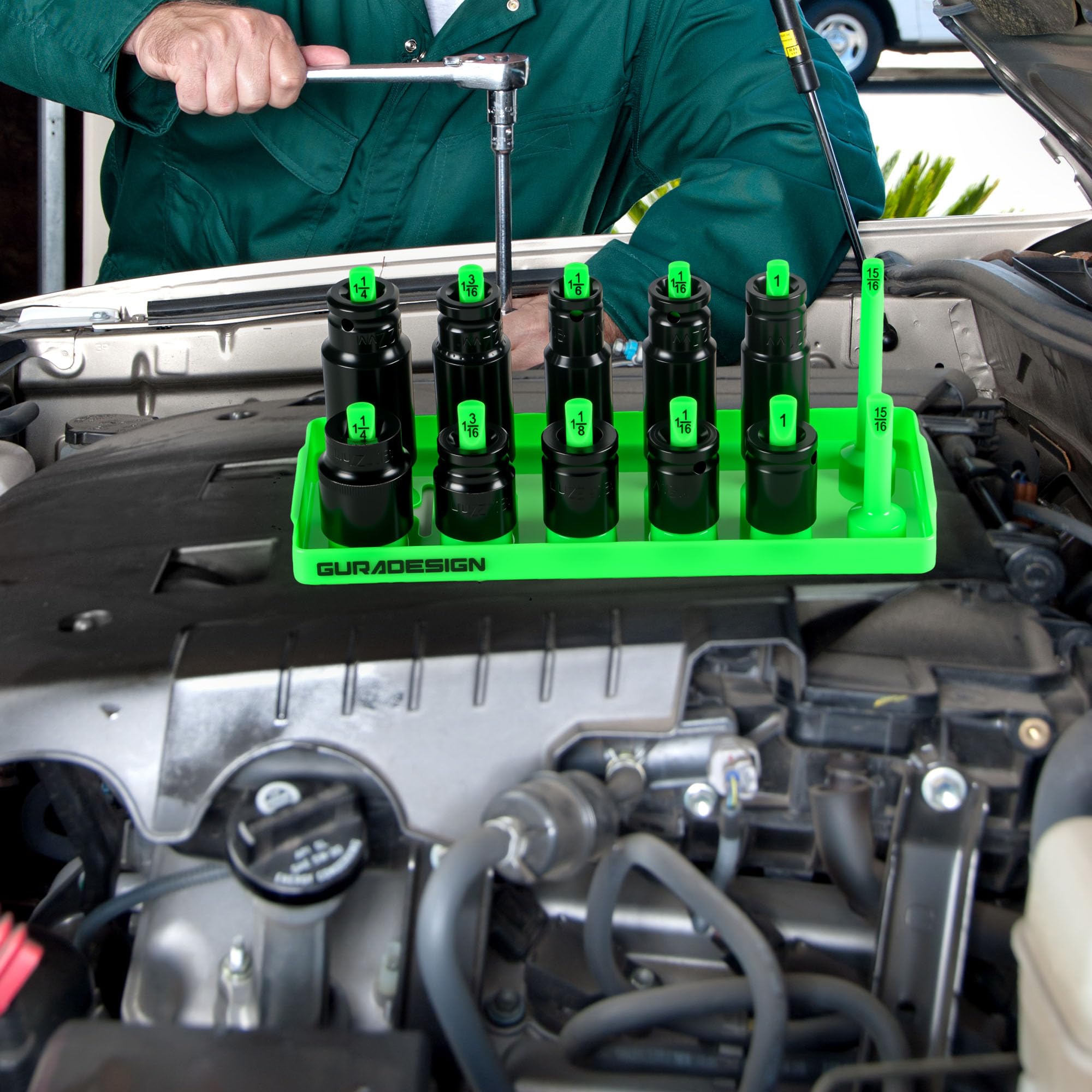 GURADESIGN lifestyle image of organized garage tool bench for efficiency