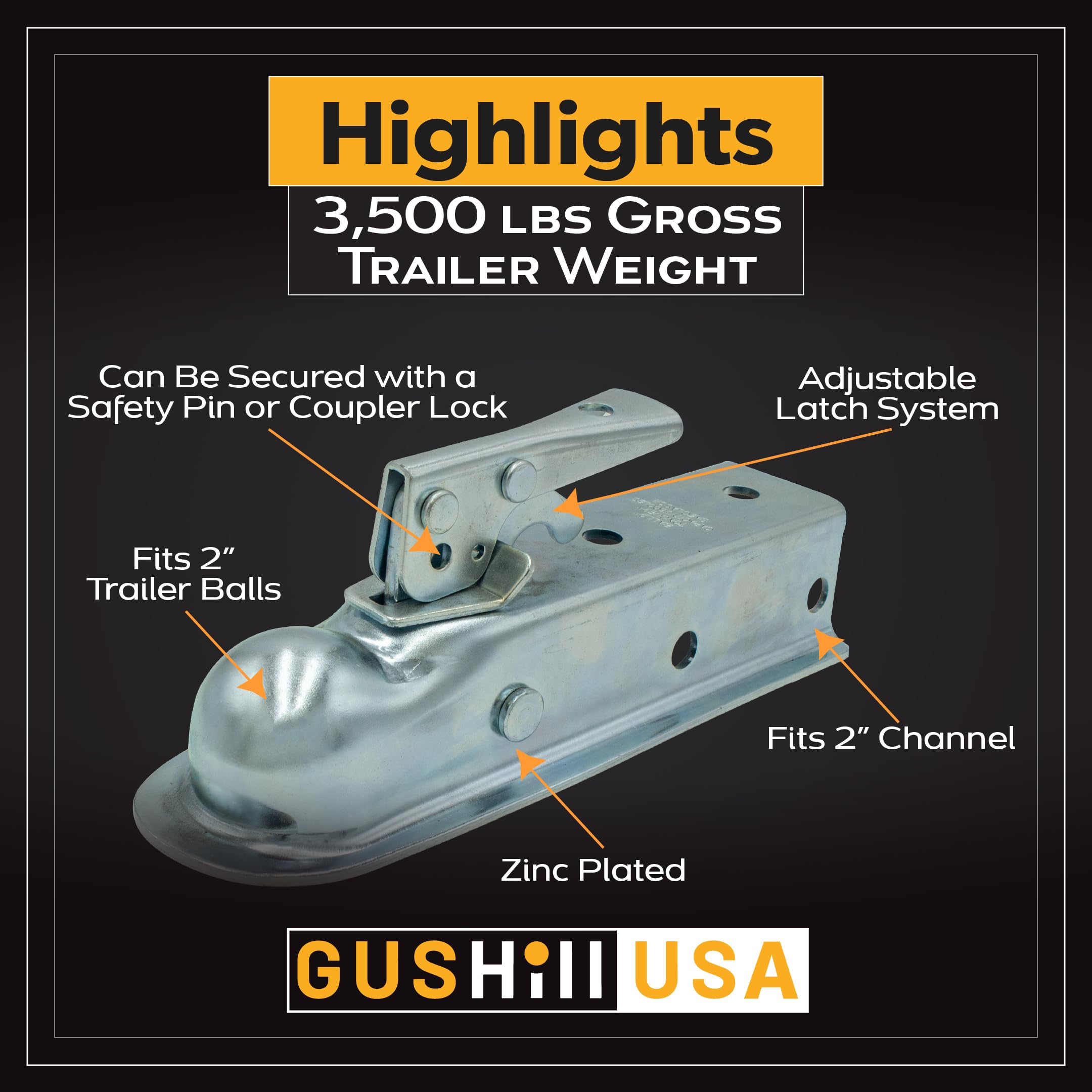 GusHill next to a 2" hitch ball for easy size and compatibility comparison