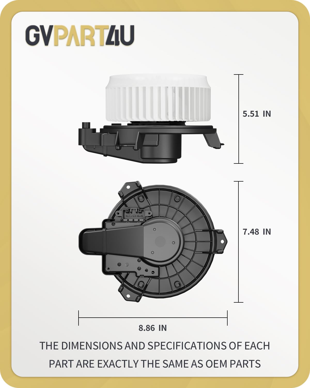 GVPART4U blower motor next to ruler showing correct size for fitment