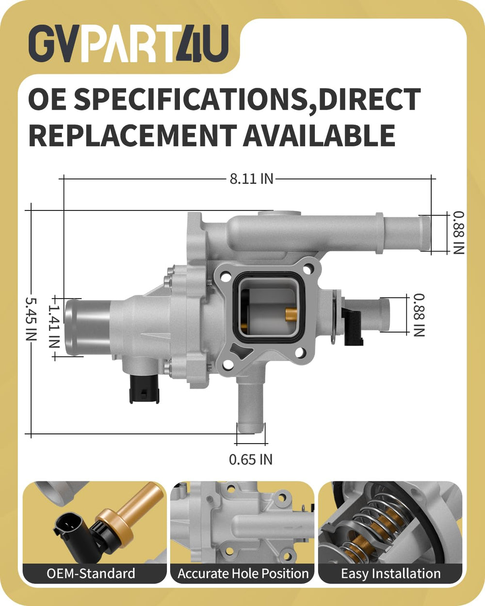 GVPART4U thermostat housing next to hand for clear size and scale reference