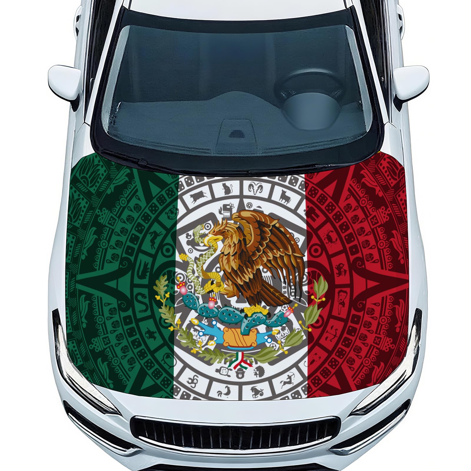 Gwaorai front view of Mexico Totem Flag hood cover showing full design and bright colors