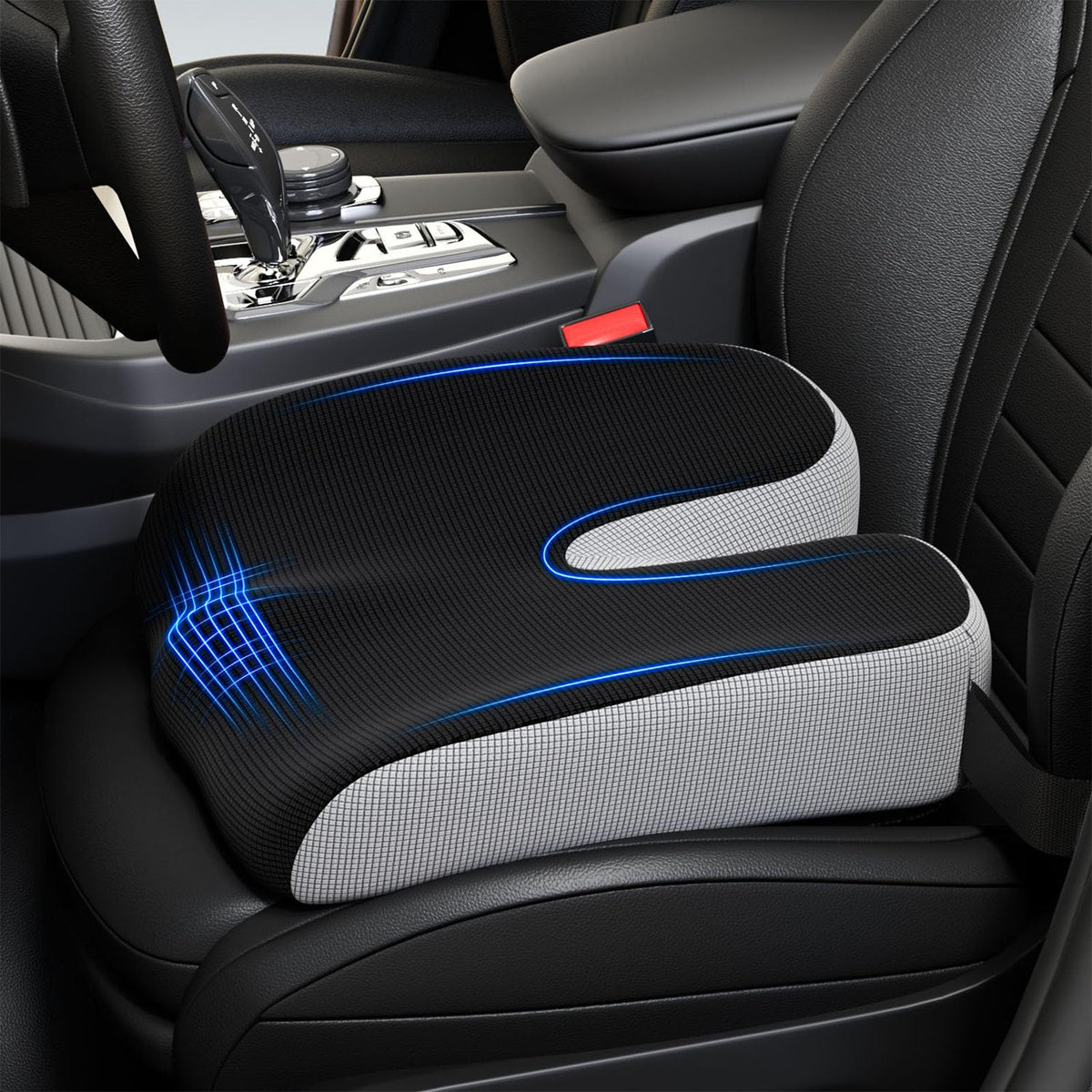 GXHYSW front view booster cushion showing ergonomic lift and improved visibility