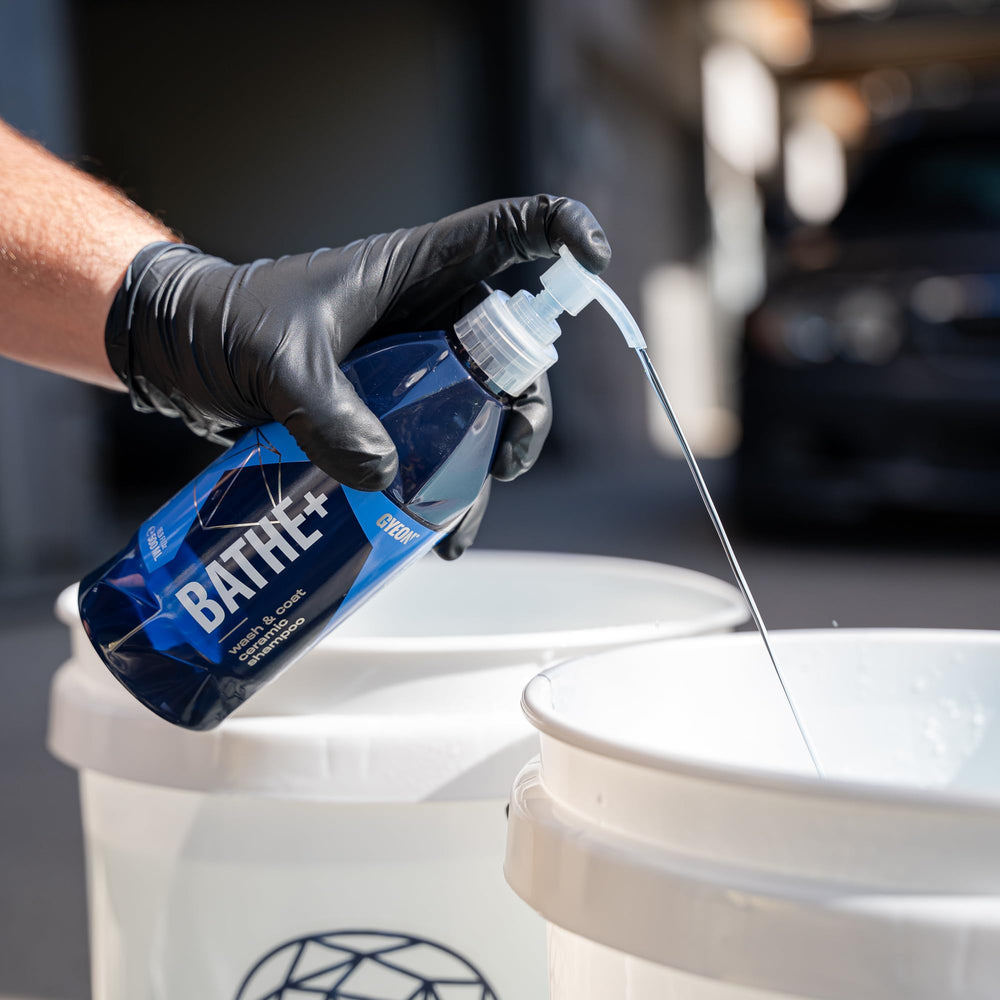 Gyeon Bathe+ used in driveway detailing for glossy finish maintenance