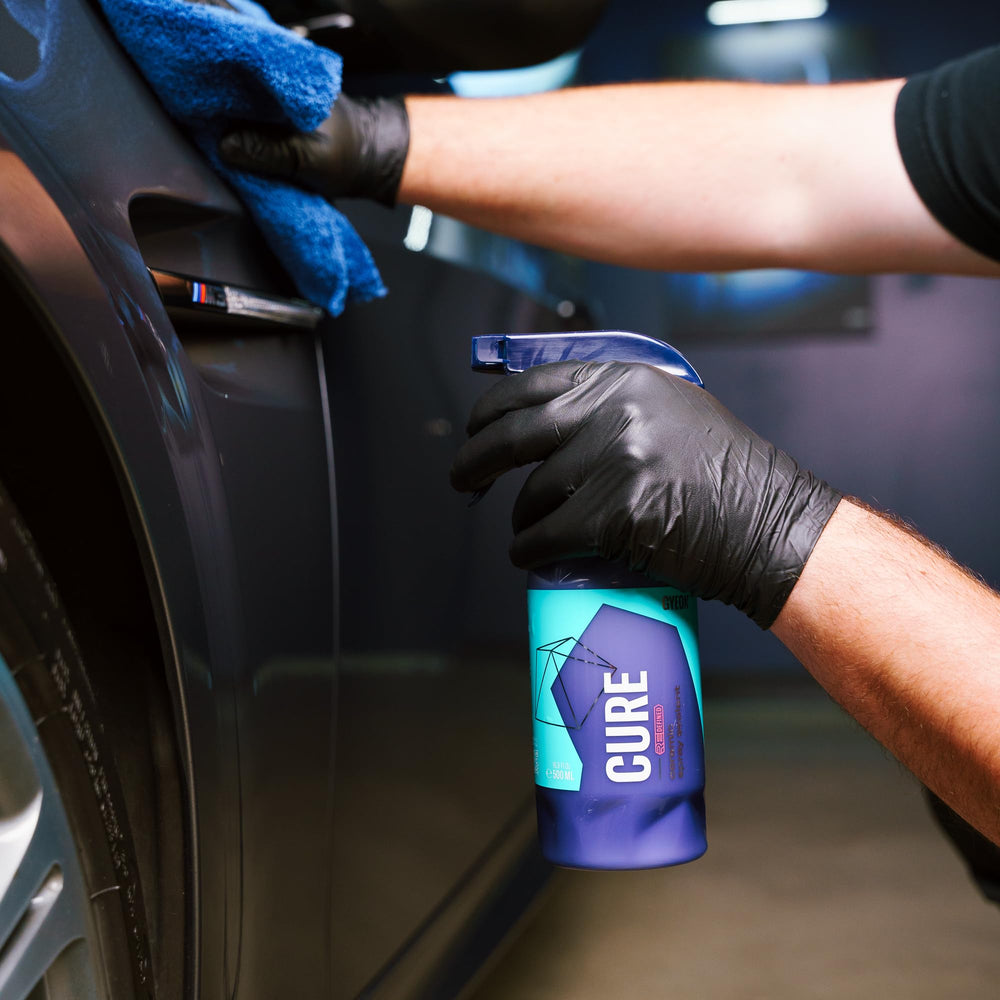 Gyeon Cure on wheel and trim showing gentle protection and shine