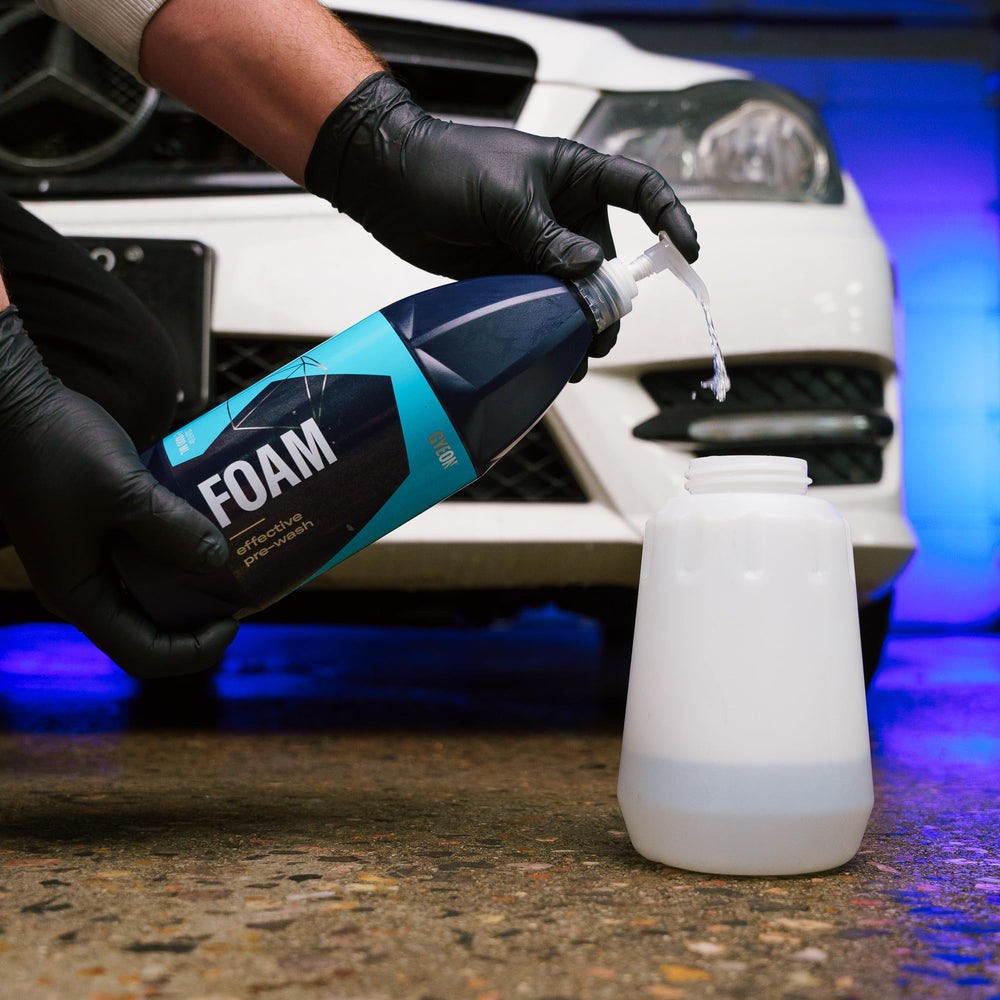 Gyeon bottle attached to foam cannon producing dense foam for touchless prewash