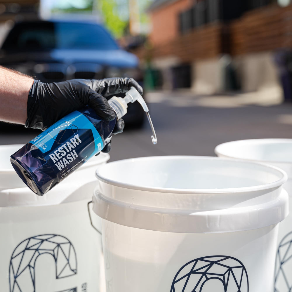 Gyeon Restart Wash in a two-bucket wash setup demonstrating safe technique