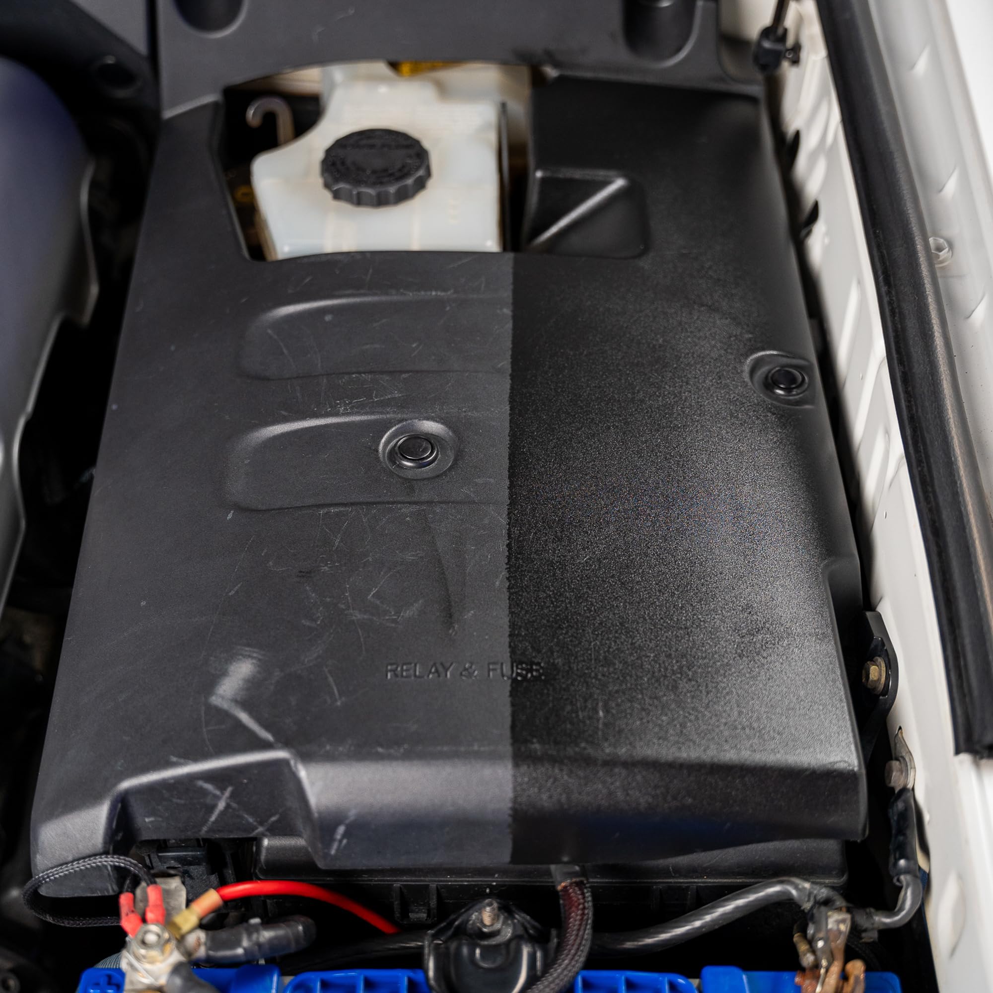 Gyeon Trim EVO on engine bay plastic demonstrating protection benefit
