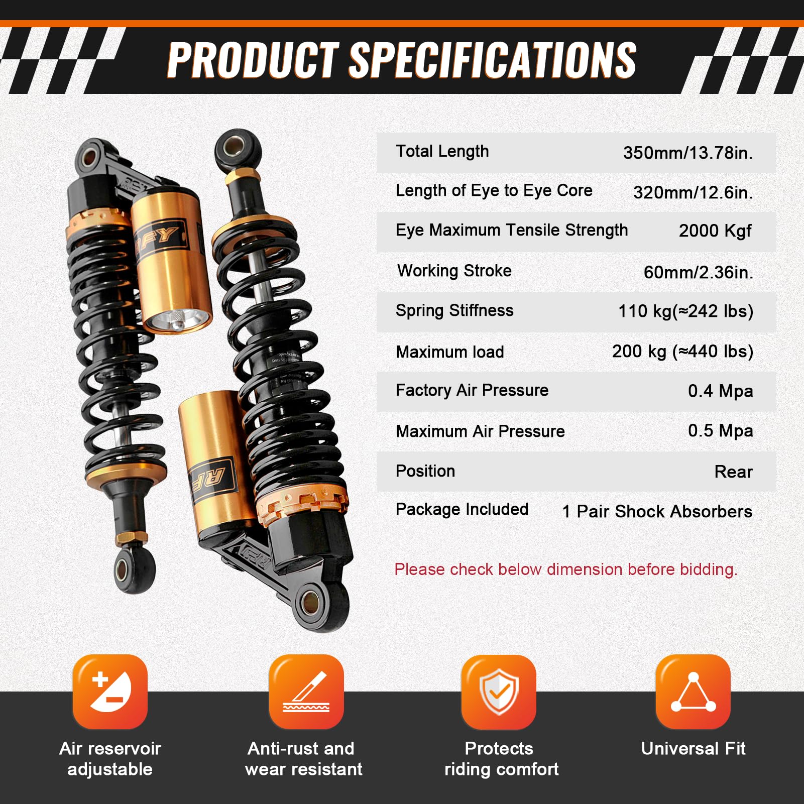 GZYF shock beside ruler showing 12.6 inch eye-to-eye for accurate fitment
