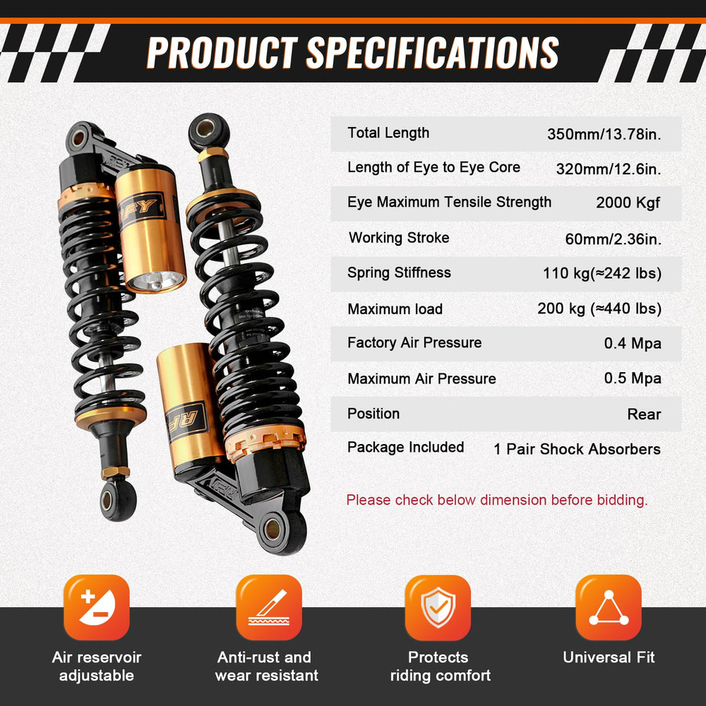 GZYF shock beside ruler showing 12.6 inch eye-to-eye for accurate fitment