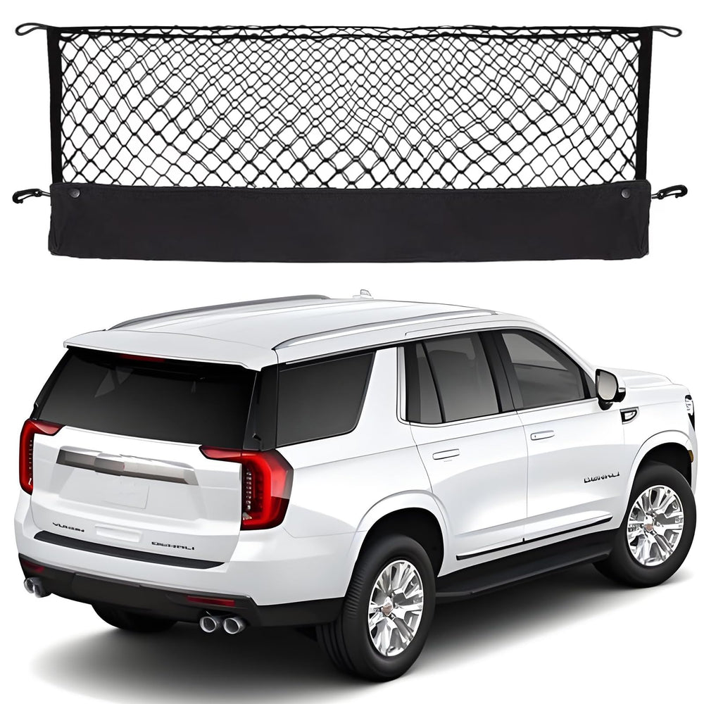 Hacyikee front view of cargo net showing complete packaged product and fit benefits