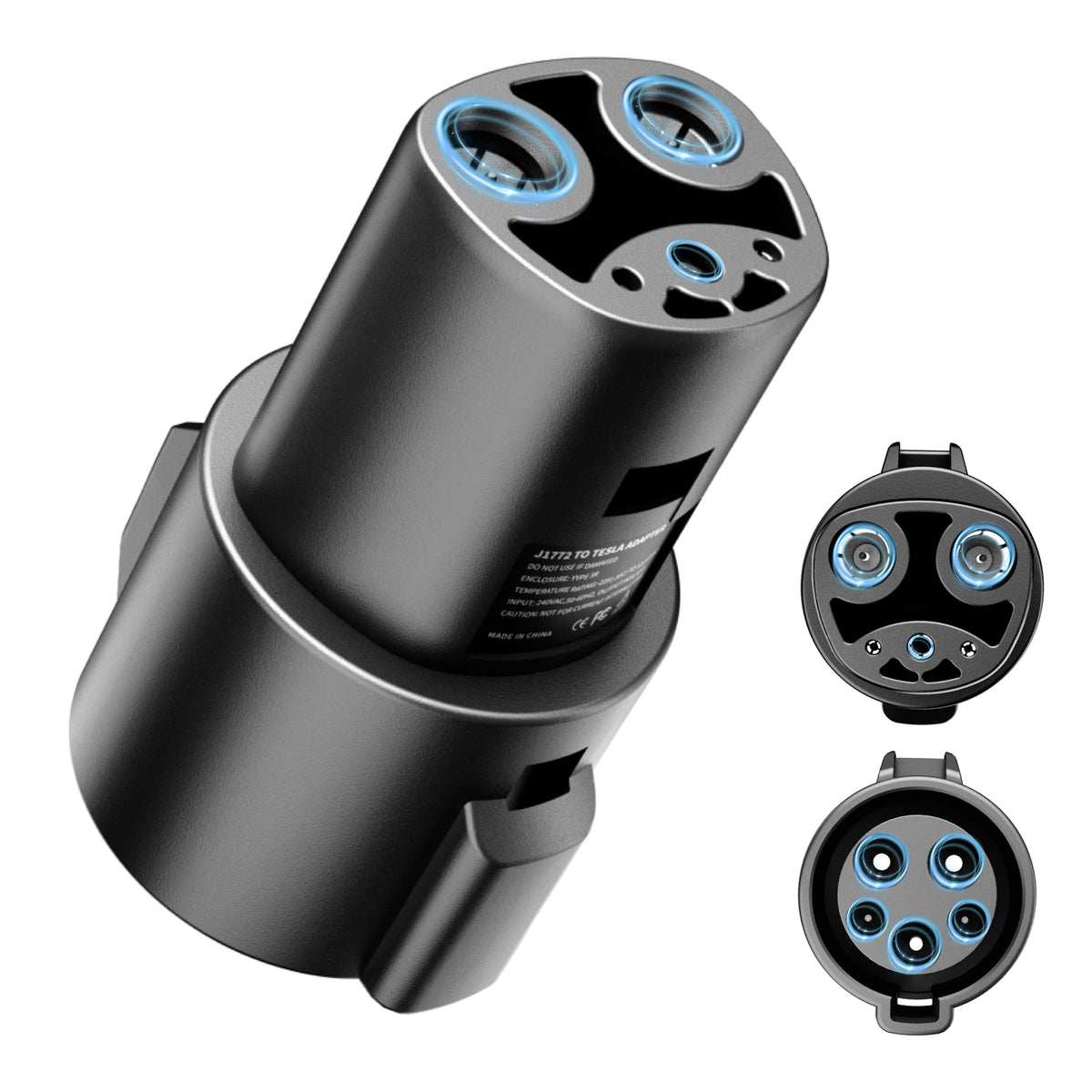 Hagibis front view adapter showing robust housing and Tesla connection benefit