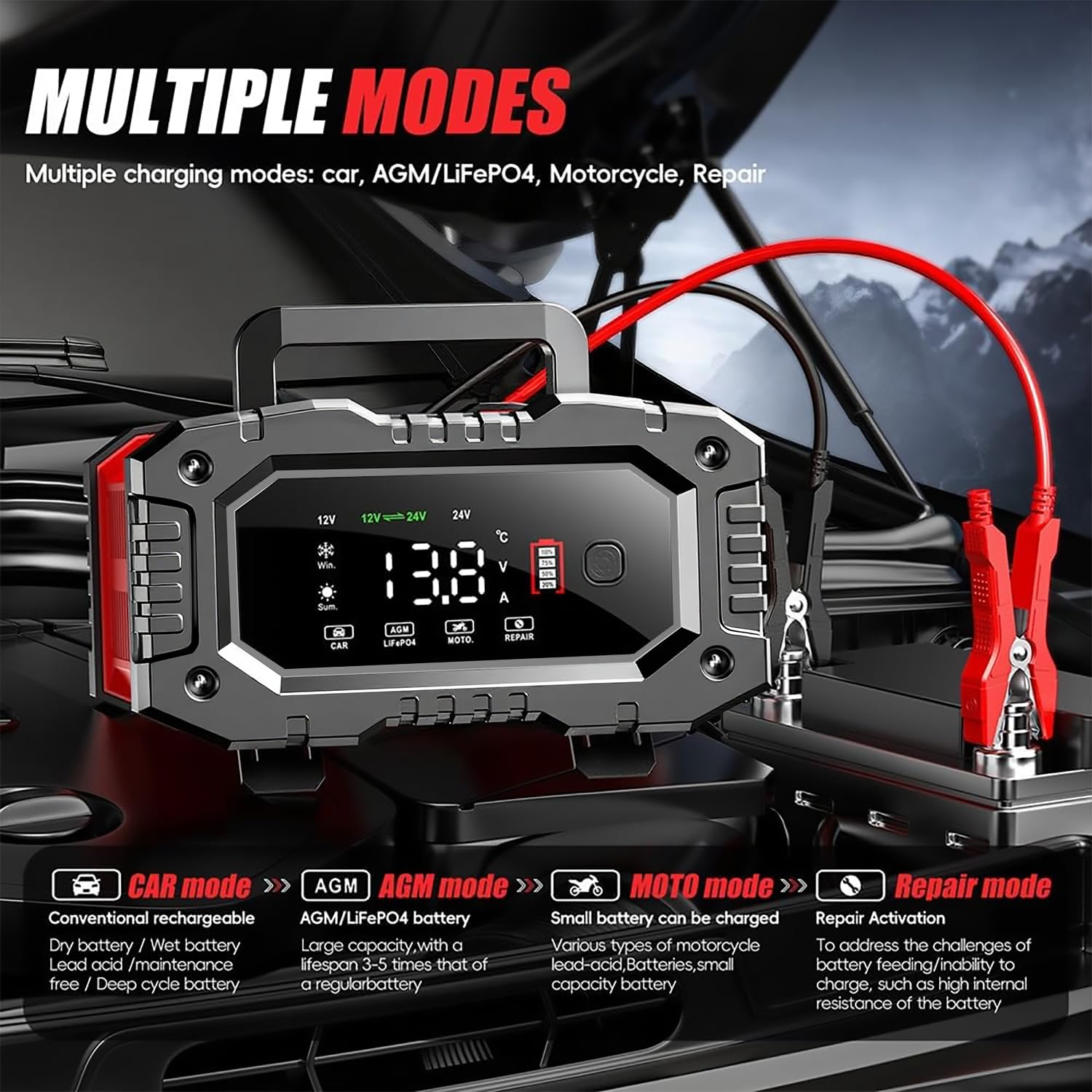Haibro charger hooked to car battery in garage for fast charging benefit