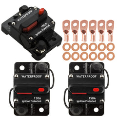 Hamolar front view of three 150A breakers showing compact housing and terminals, protects audio systems