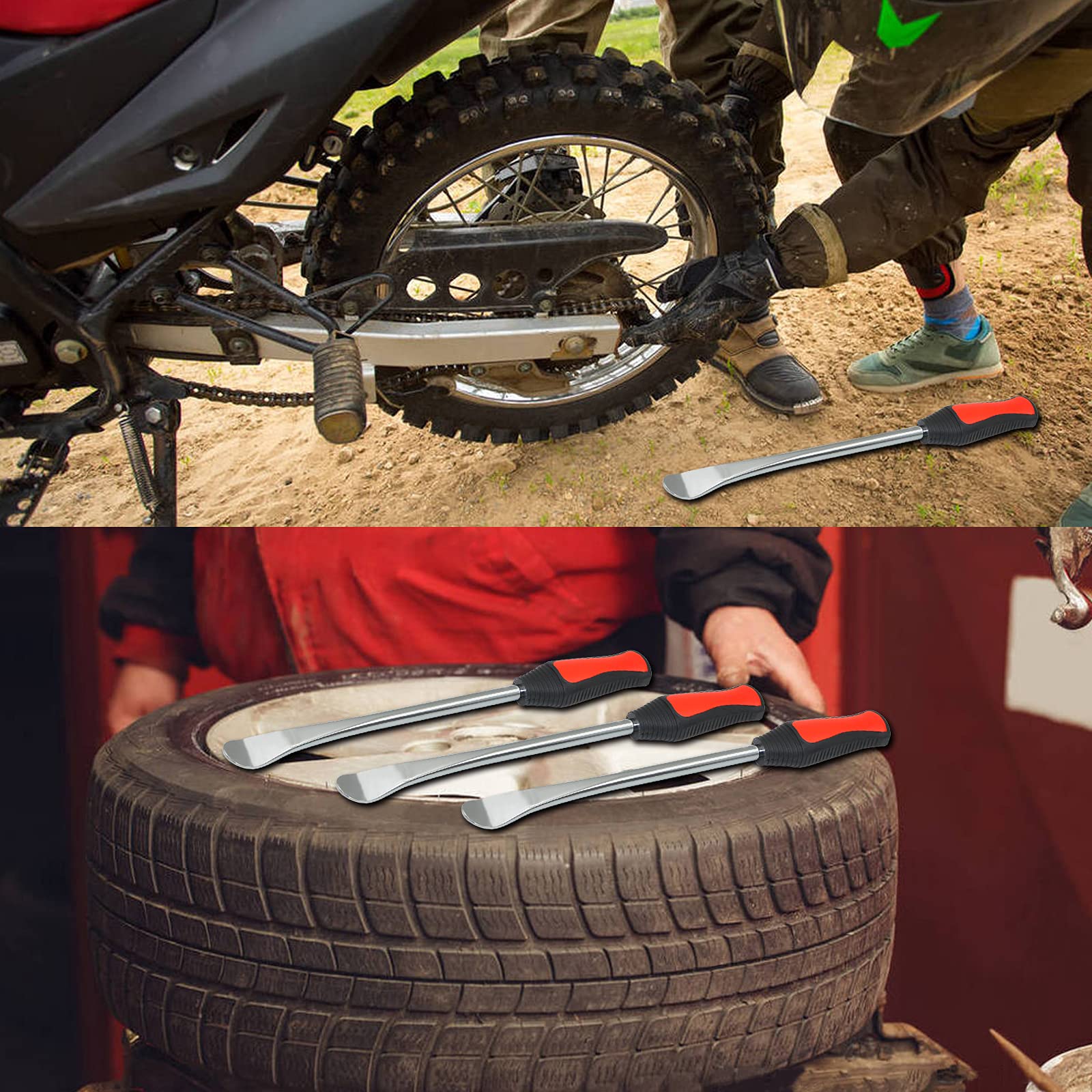 Handfly spoons in use on a dirt bike tire demonstrating leverage