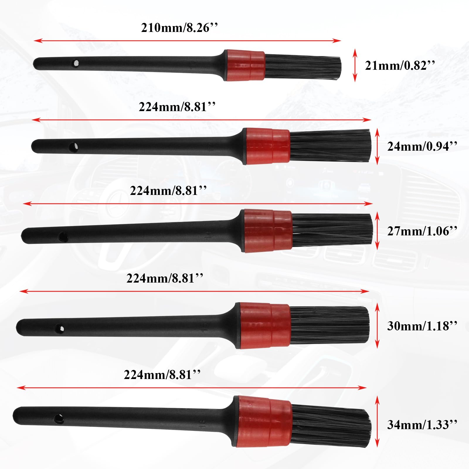 HANDY five detail brushes arranged for targeted cleaning of crevices