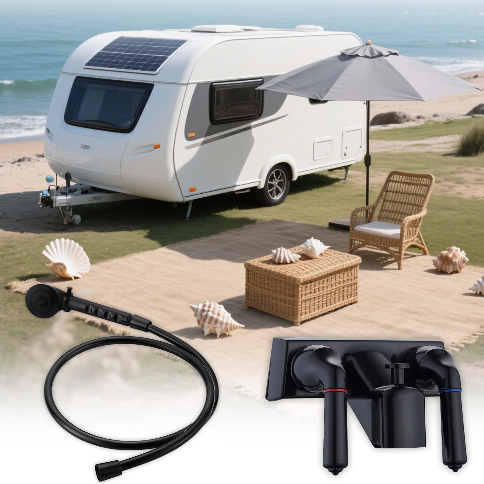 hansengroe outdoor shower in use on camper showing convenient on-the-go benefit