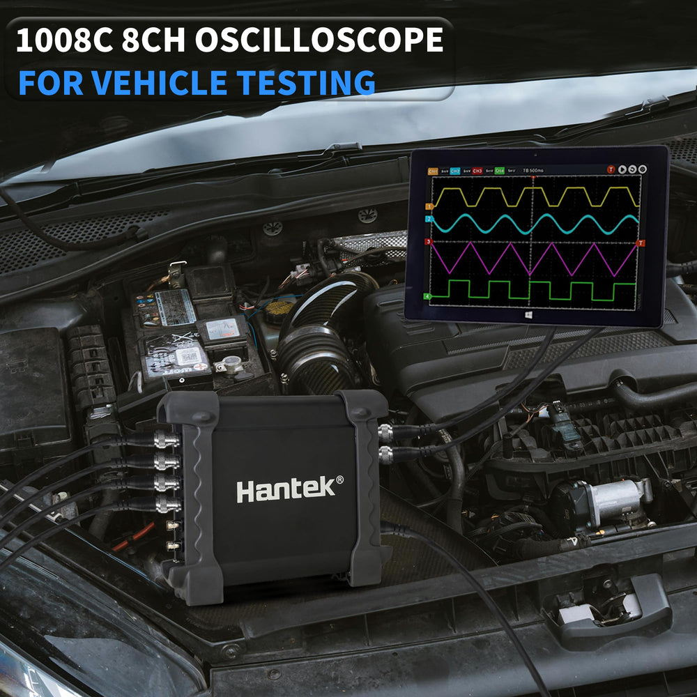 Hantek 1008C included accessories and cables arranged for ready workshop use