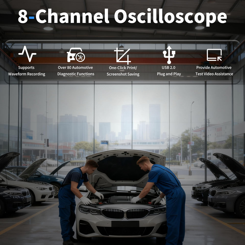Hantek 1008C probe and clip close-up illustrating reliable contact for vehicle signals