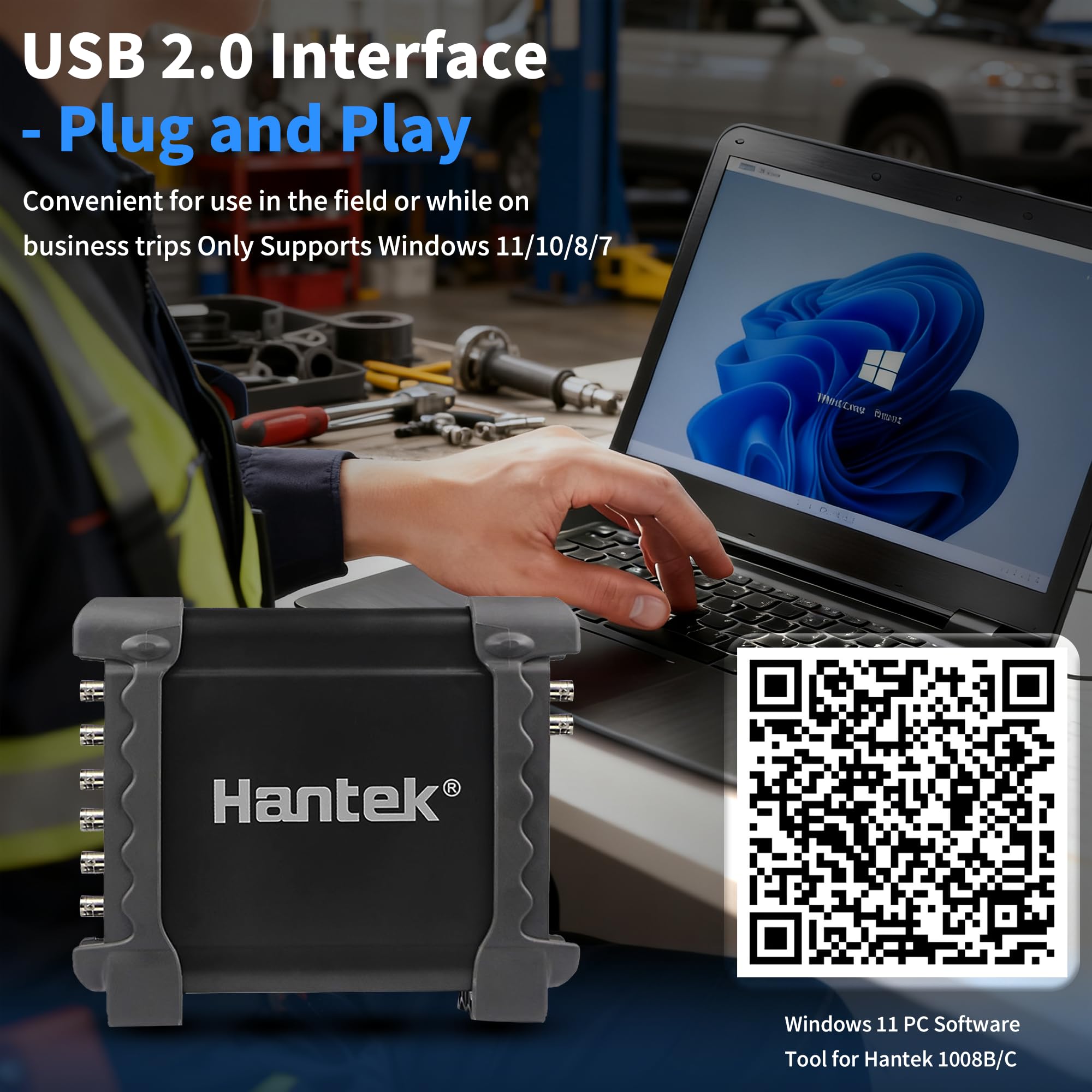 Hantek 1008C connected to a car engine bay demonstrating in-vehicle diagnostic use