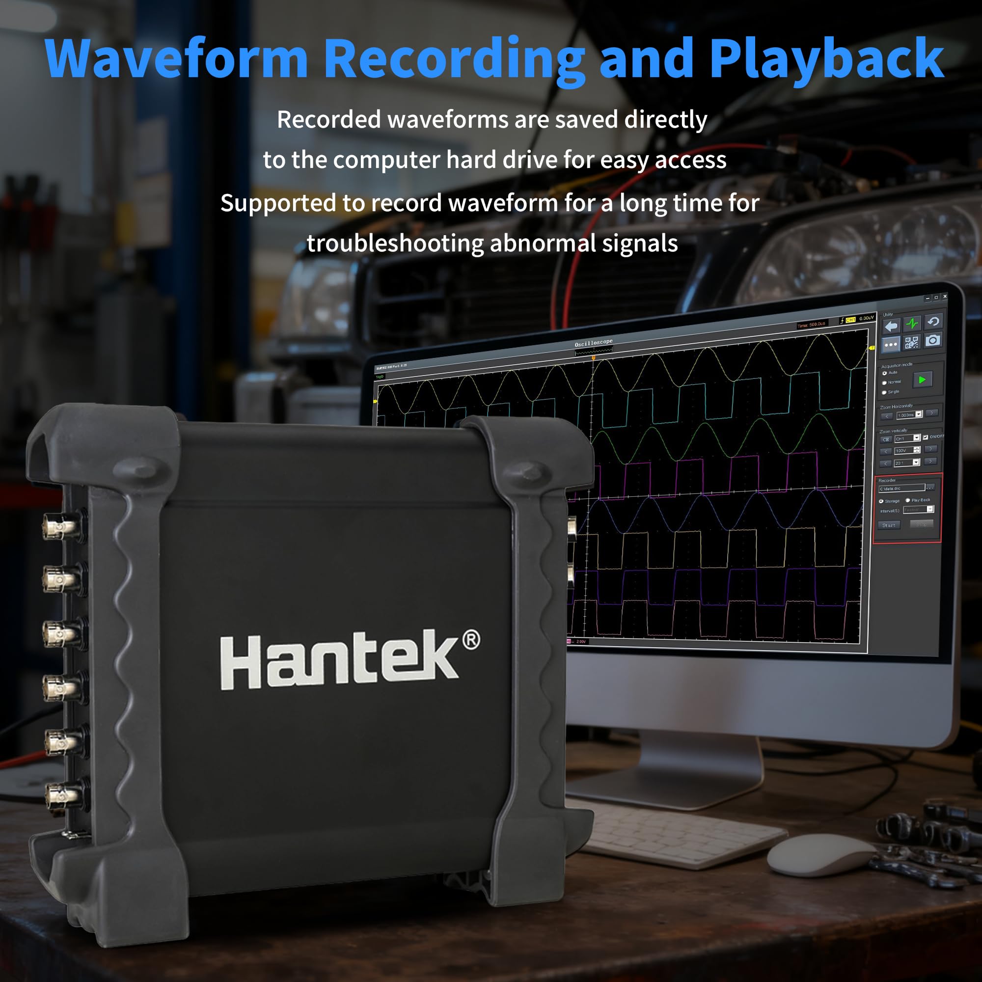 Hantek 1008C side profile with USB port highlighting PC connectivity and data transfer