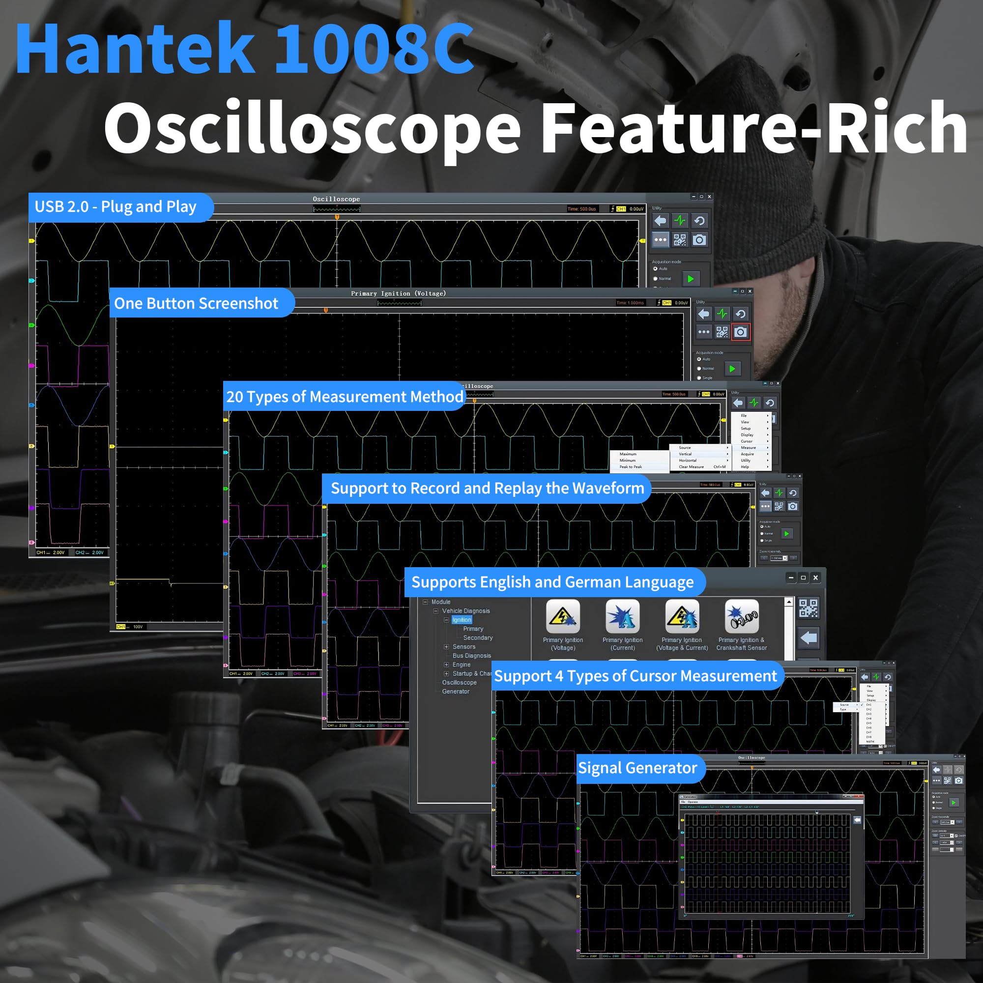 Hantek 1008C software waveform display on PC showing detailed measurement and logging