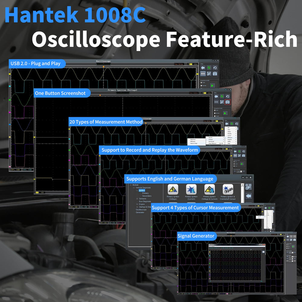 Hantek 1008C software waveform display on PC showing detailed measurement and logging