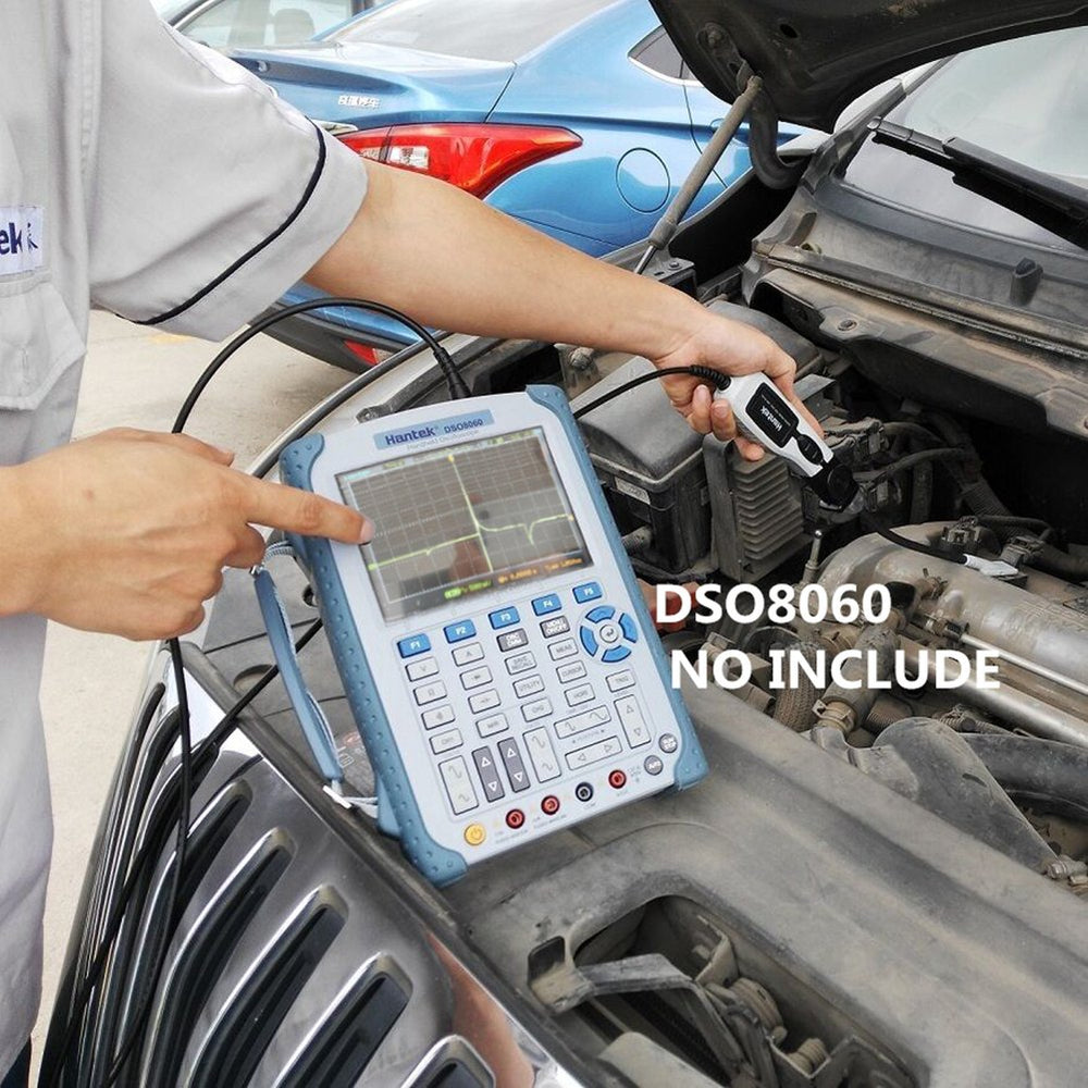 Hantek HT25COP mounted on engine coil illustrating fast on-vehicle diagnostics