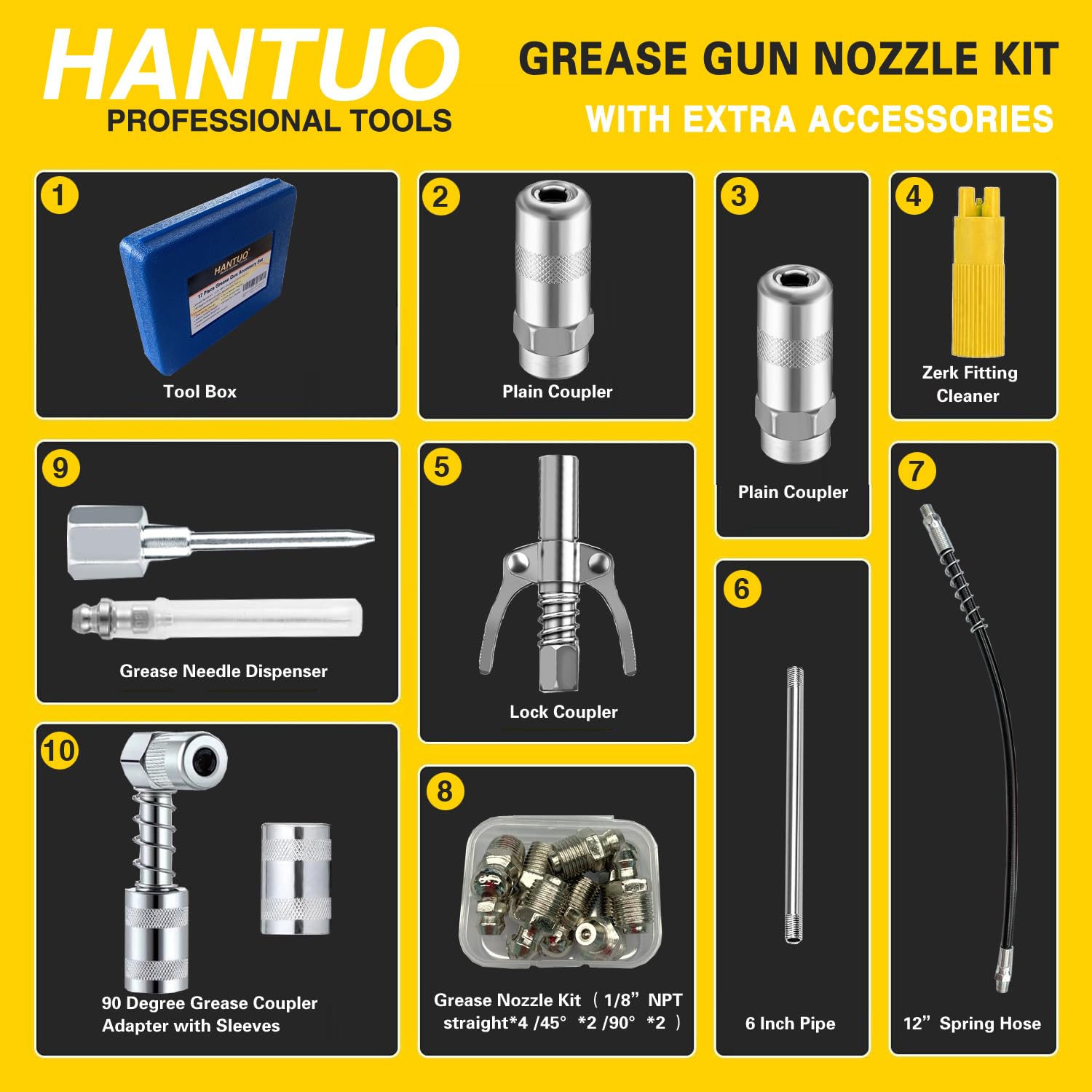 HANTUO assorted grease zerk fittings layout for universal compatibility