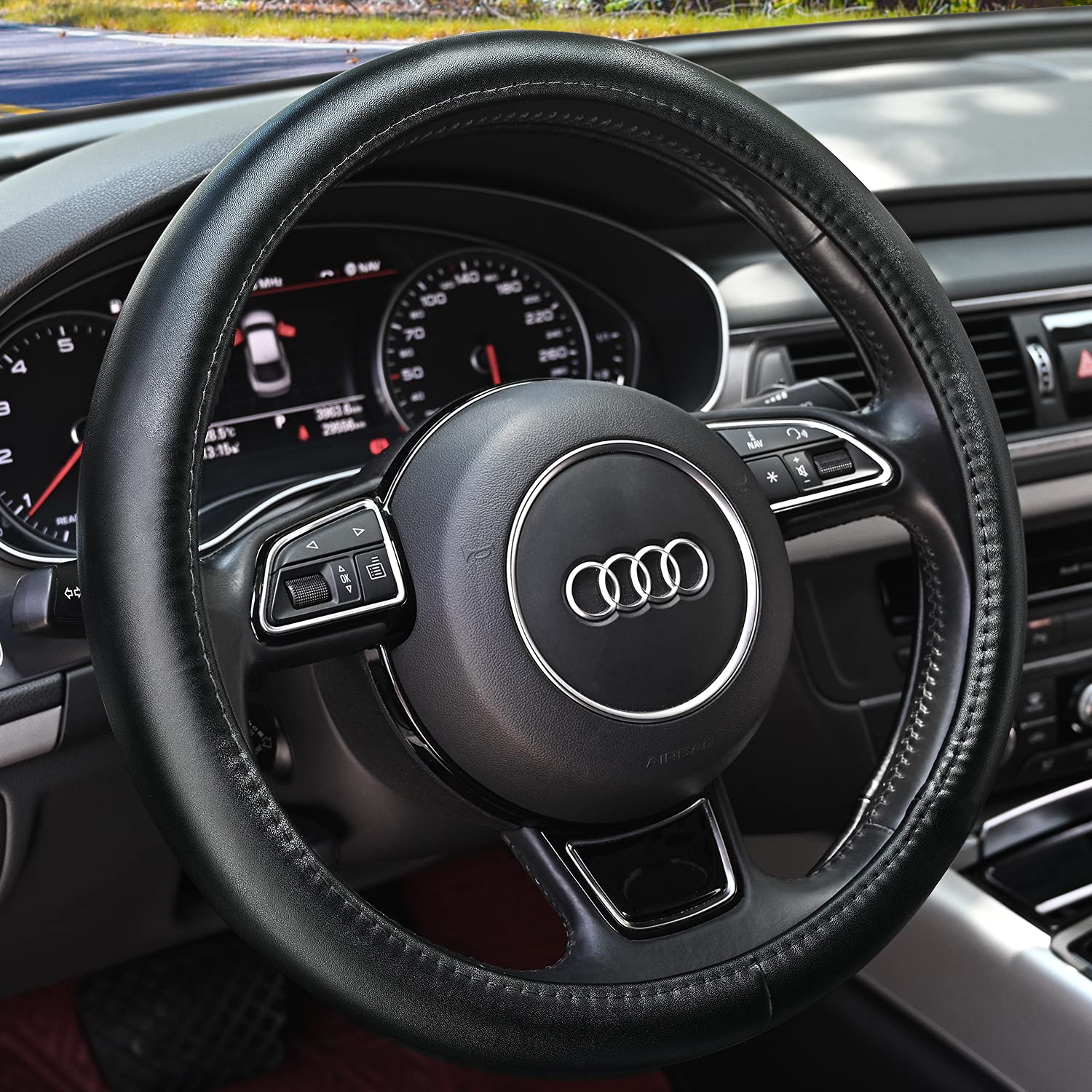 HAOKAY black leather steering wheel cover front view showing sleek finish and upgraded look
