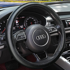 HAOKAY black leather steering wheel cover front view showing sleek finish and upgraded look