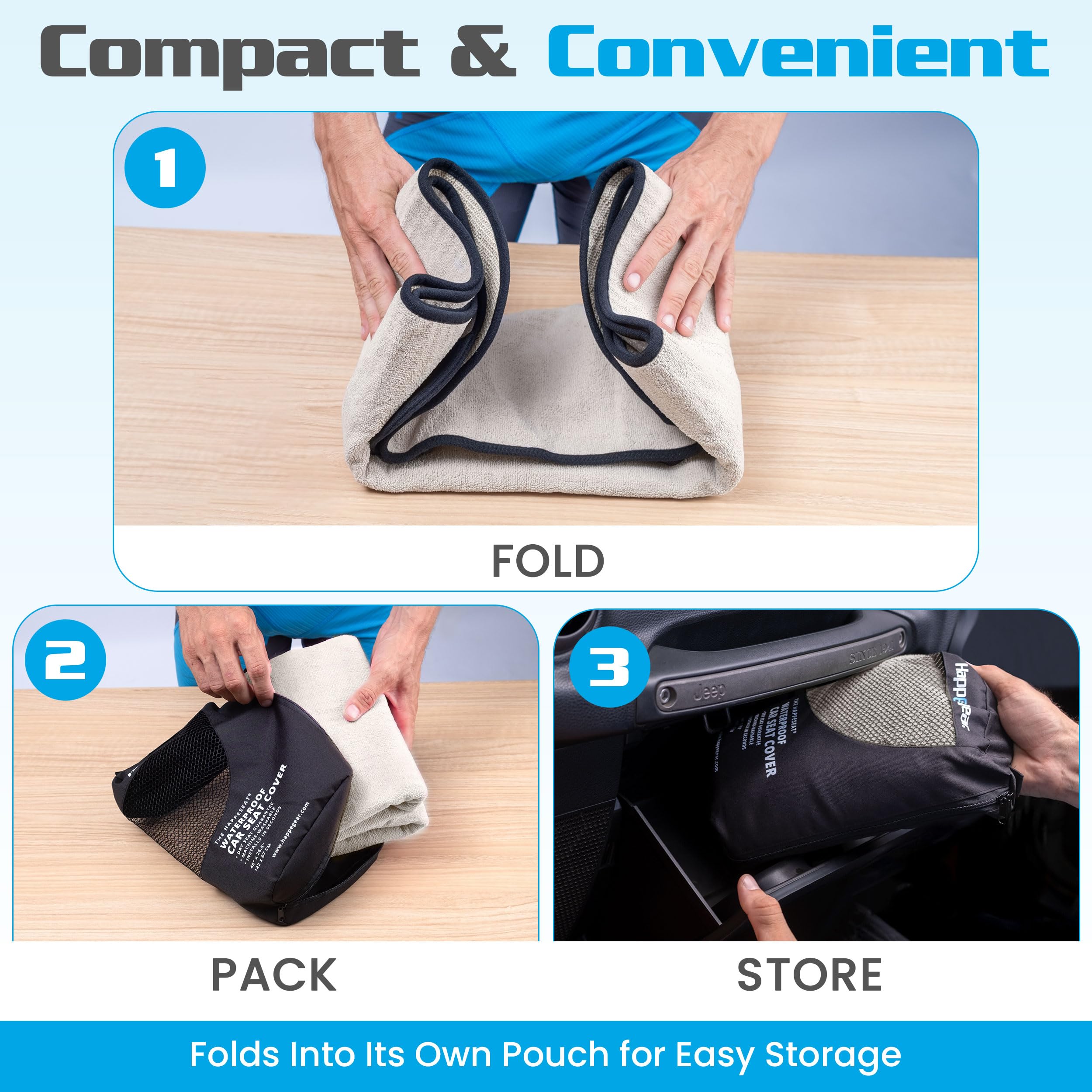 HAPPEGEAR folded compact in a bag showing easy storage portability