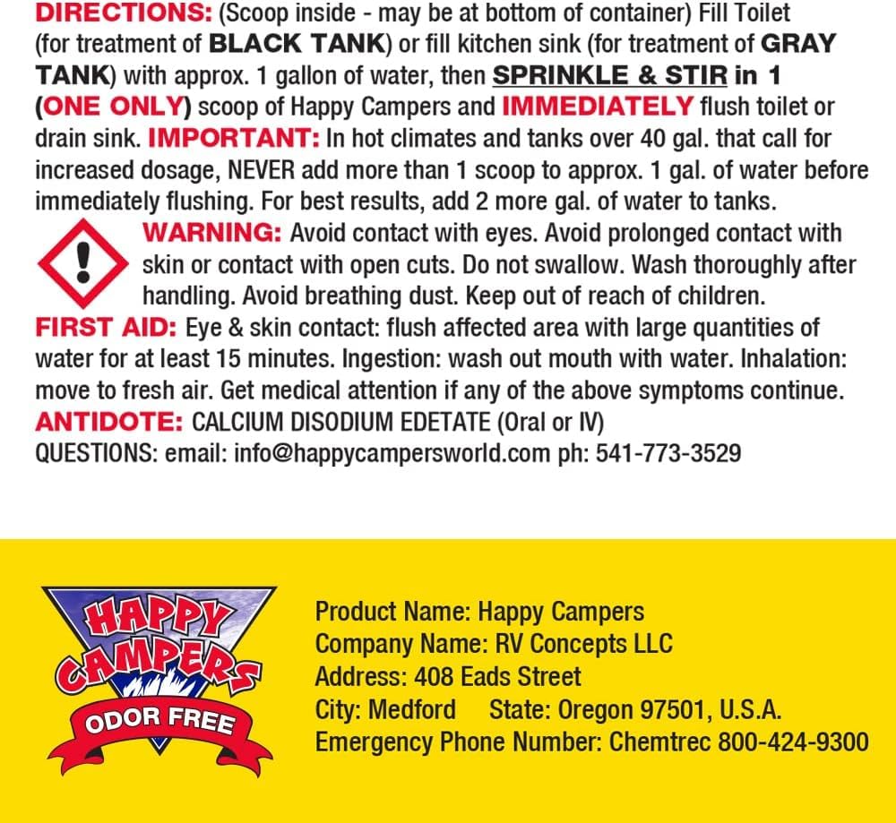 Happy Campers label and directions highlighting safe usage instructions