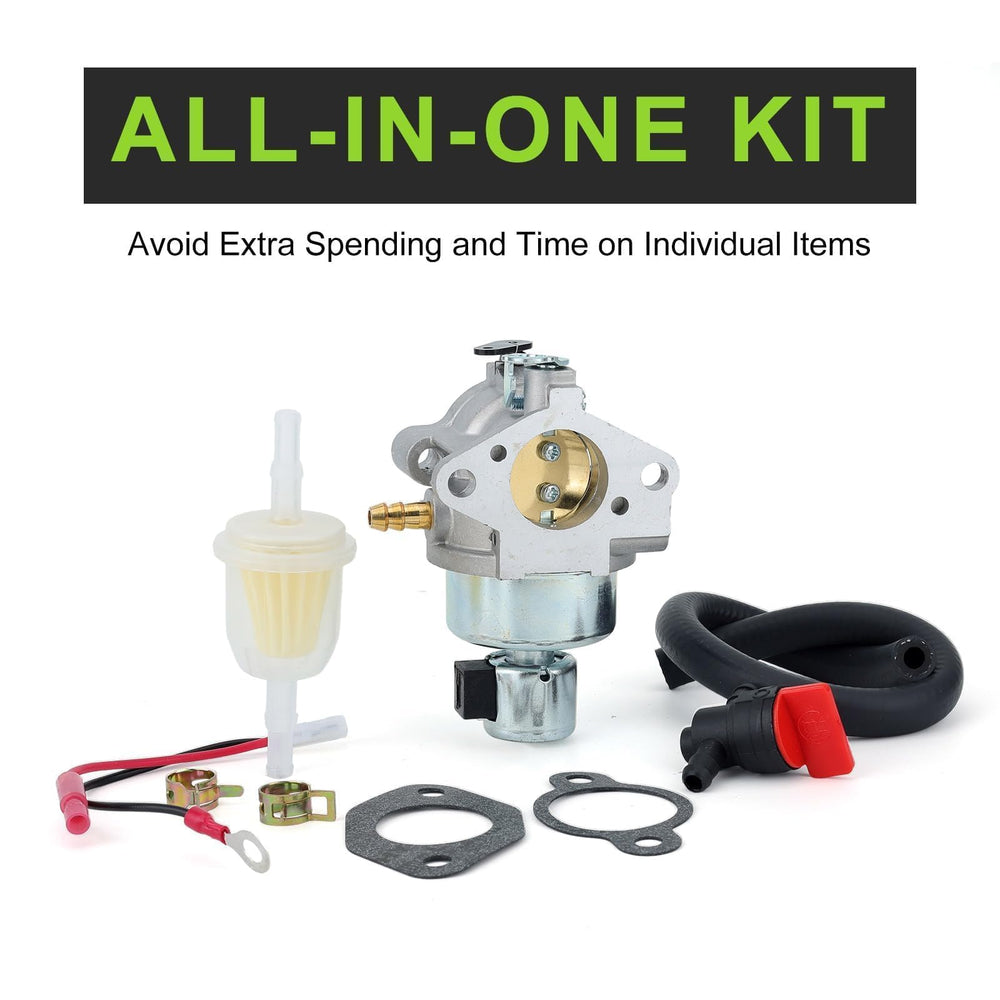 Harbot carburetor kit parts layout including valve, filter, hose, gaskets