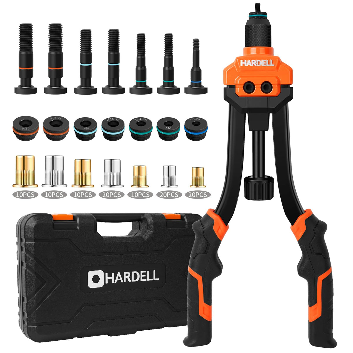 HARDELL front view of rivet nut tool showing robust frame and nosepiece benefit durable use