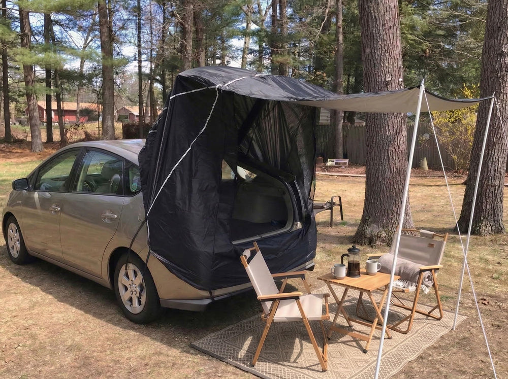 HASIKA tent attached to hatchback illustrating universal fit and stability