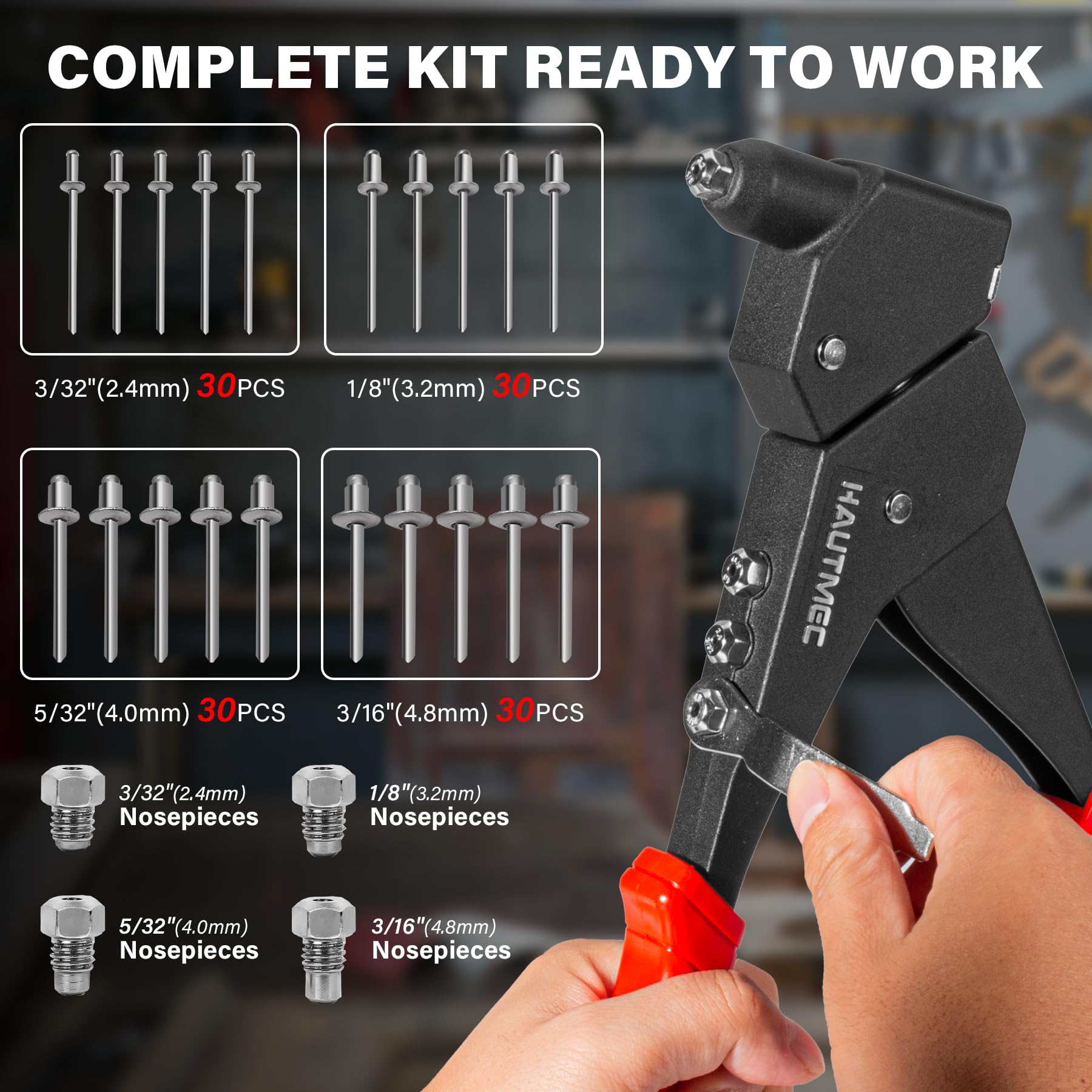 HAUTMEC nosepieces and rivets layout showing included heads and 120 aluminum blind rivets for jobs