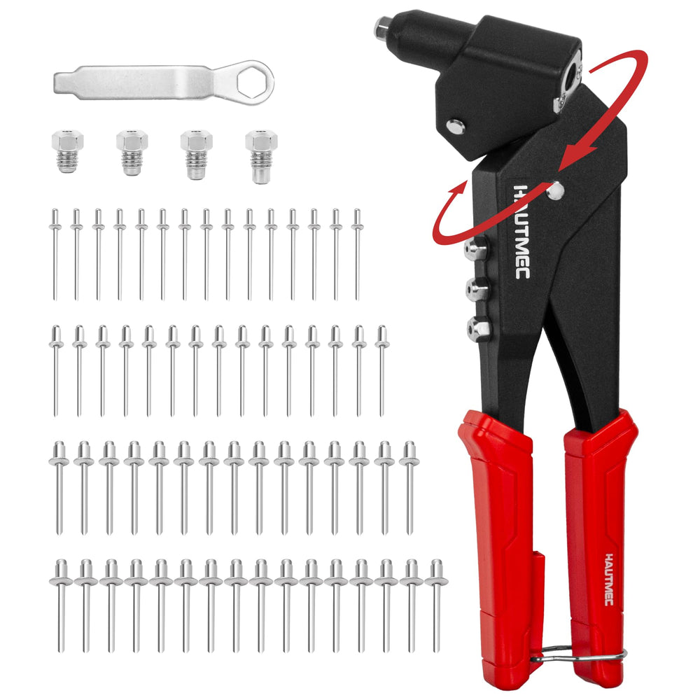 HAUTMEC rivet gun front view showing compact body and quick-change nose for efficient work