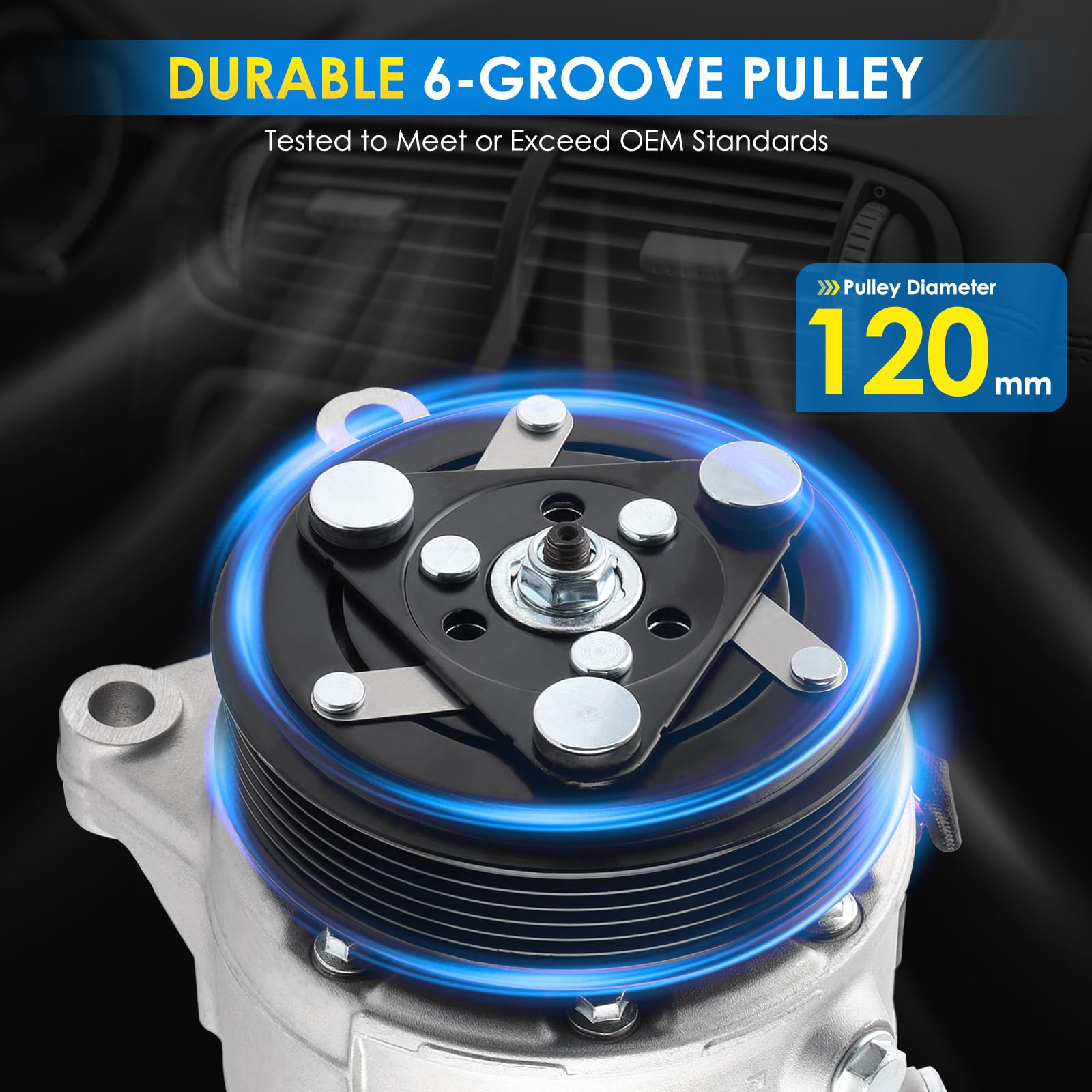 HAYIAUTO suction port close-up showing 18mm port for secure refrigerant flow