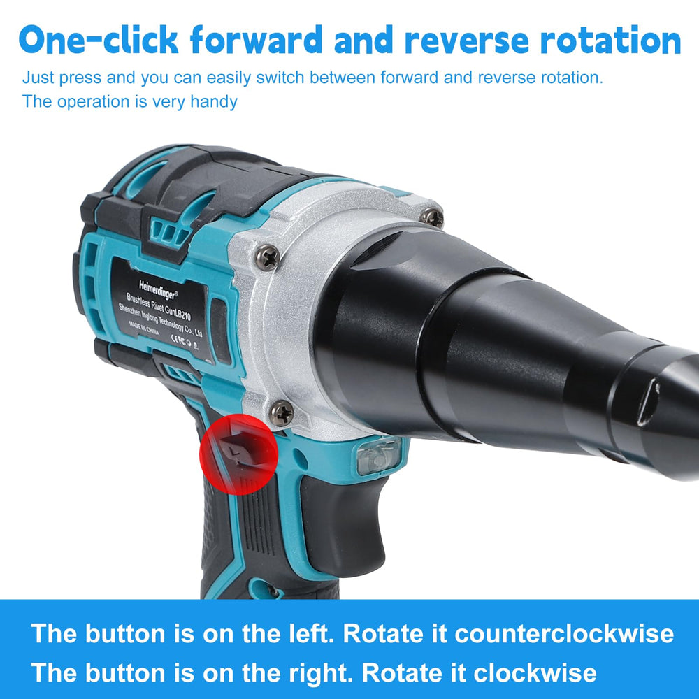 Heimerdinger rivet gun beside Makita 18V battery showing battery compatibility and scale