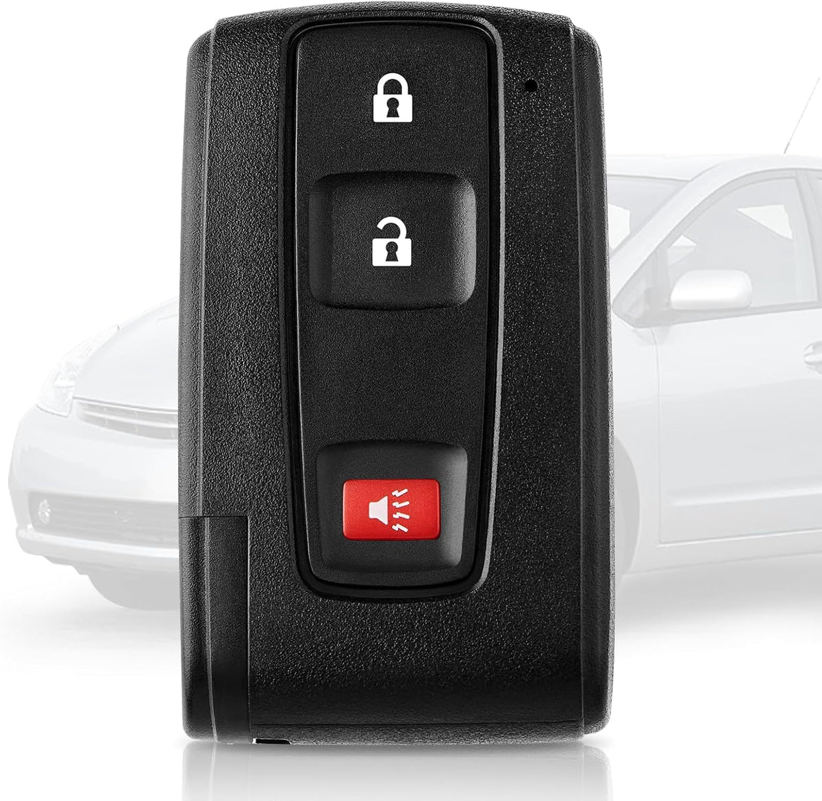 HelloAuto front view of silver-logo Prius key fob showing clear buttons and fit