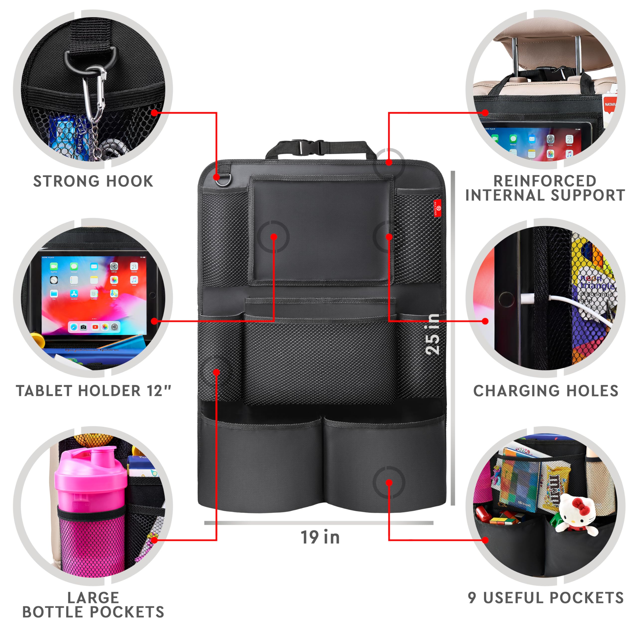 Helteko kids using organizer with tablet for hands-free travel entertainment