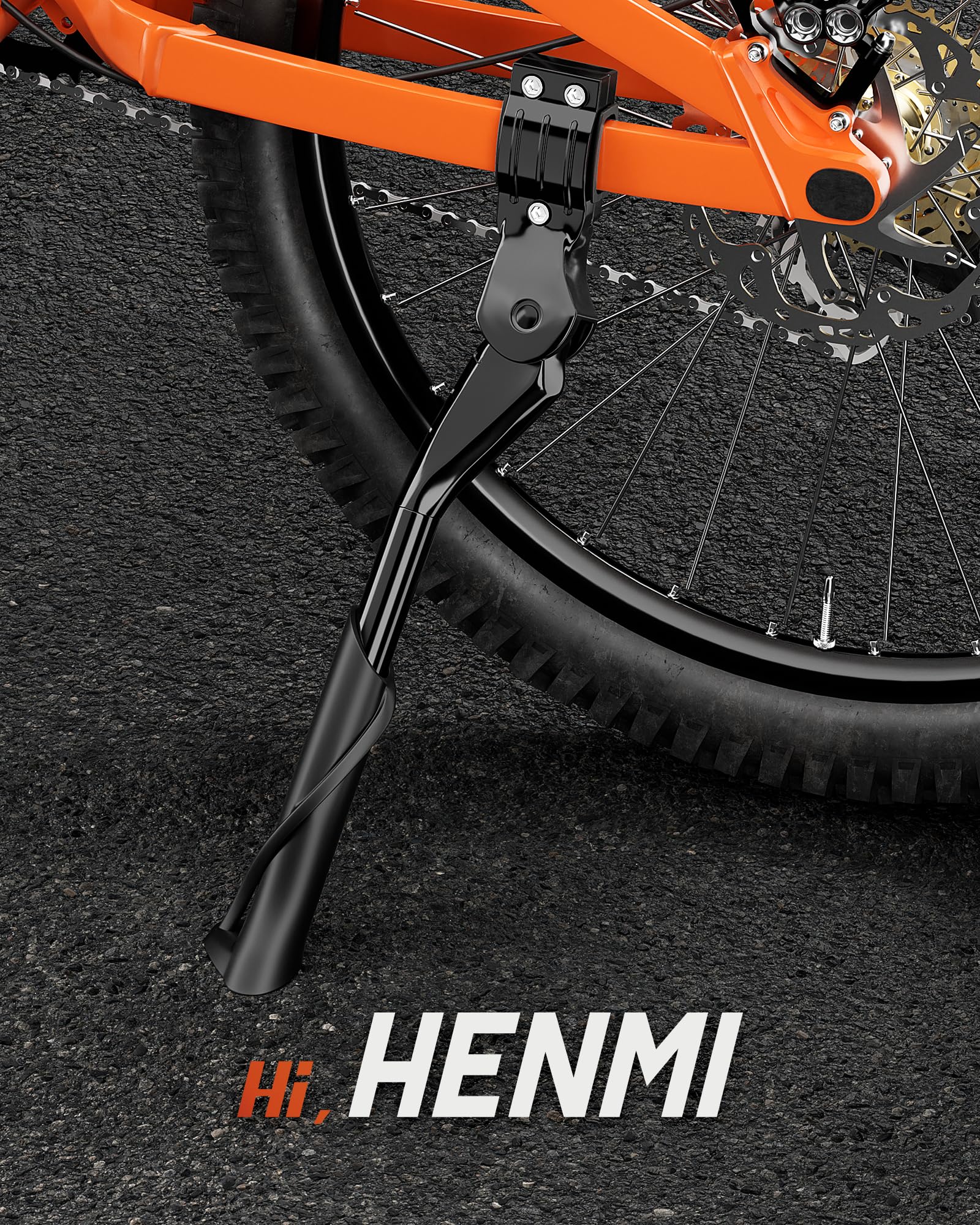 HENMI kickstand on parked bike in park showing convenience and stability