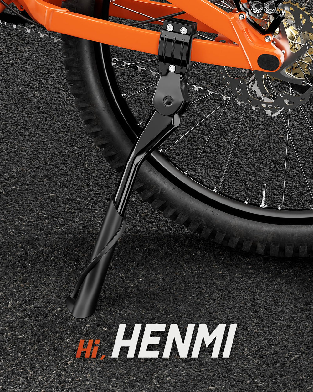 HENMI kickstand on parked bike in park showing convenience and stability